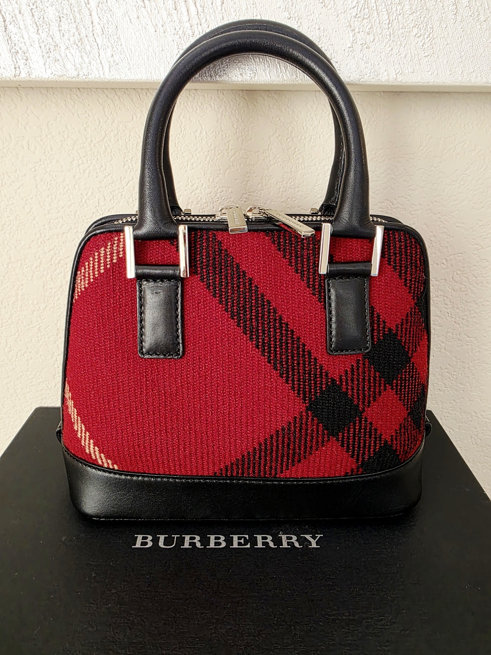 Burberry Red Black Tartan Wool & Genuine Leather Mini Handbag - Picture 2 of 16